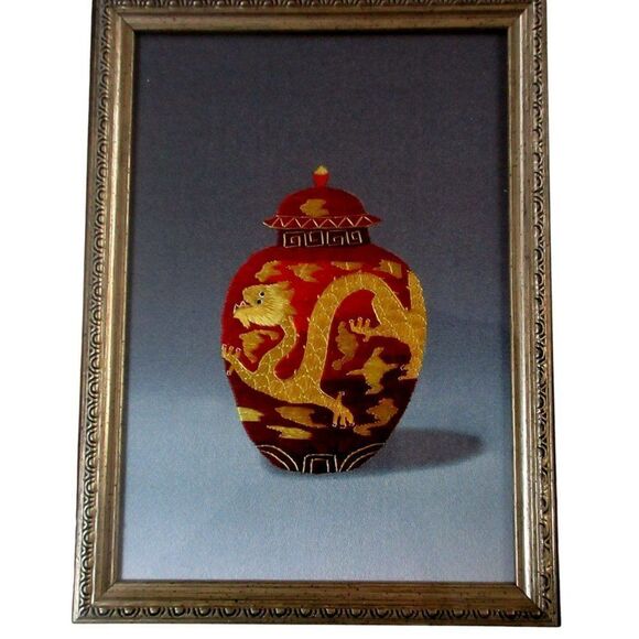 Framed Chinese Silk Embroidered Dragon Jar w Lid Beautifully Stitched Red & Gold - Picture 1 of 7